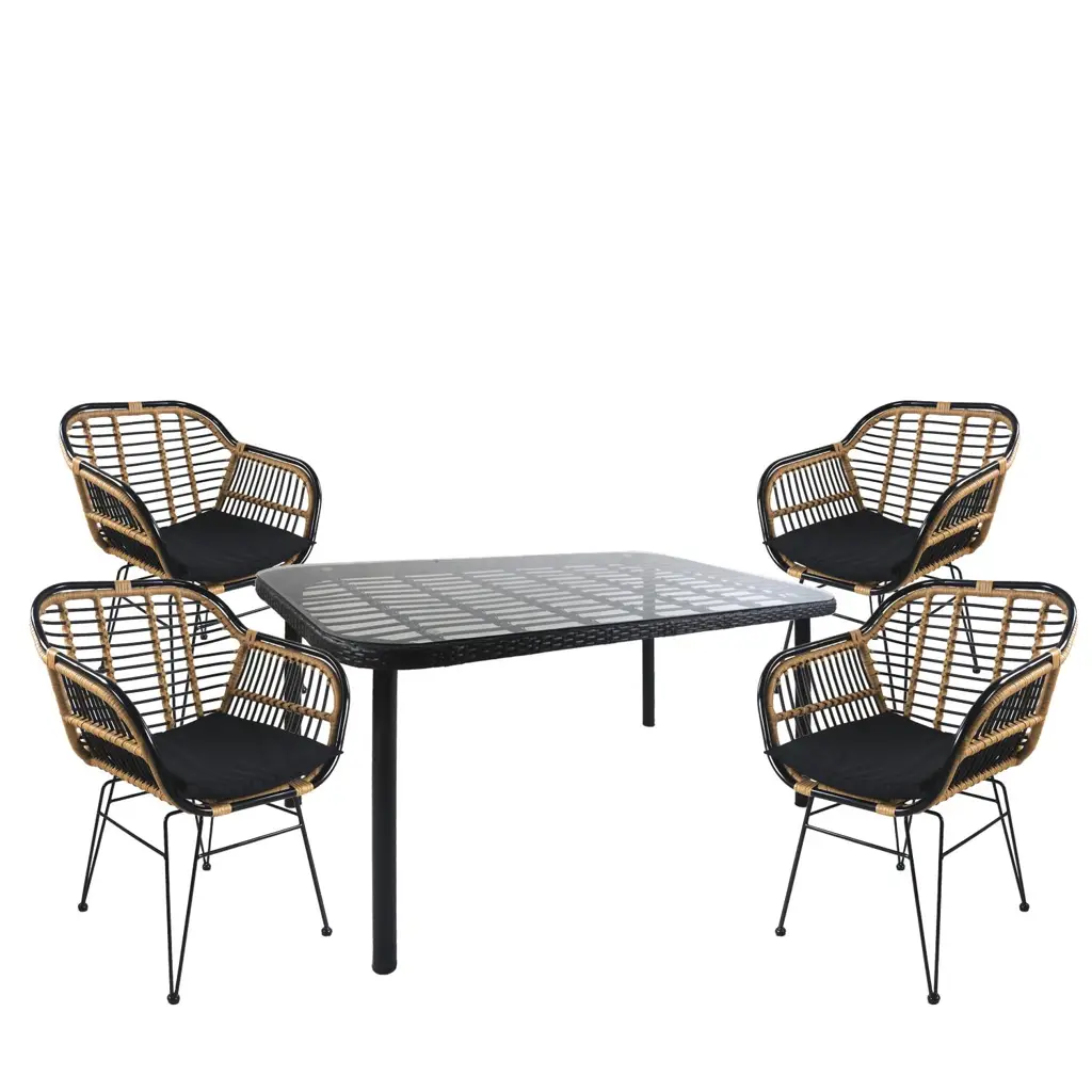 Σετ Τραπεζαρία Κήπου ArteLibre AMPLAS Μαύρο Μέταλλο/Rattan/Γυαλί Με 4 Καρέκλες 14990365