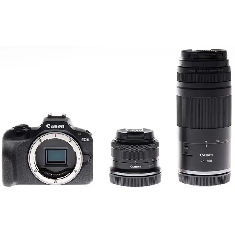 Canon EOS R100 Kit Mirrorless Camera - RF-S 18-45mm, RF 75-300mm, Black