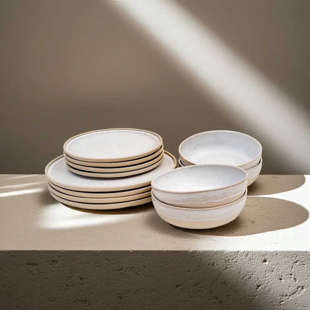 Aalina Σετ Σερβίτσιου από Stoneware - Ανθεκτικό σε Μικροκύματα έως 180°C, Μπεζ & Λευκό