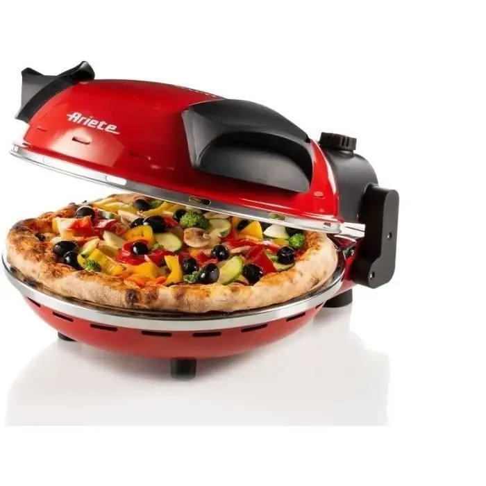 Ariete Pizza Four 909, πίτσα 4 λεπτών, 5 επίπεδα ψησίματος, πλάκα πυρίμανη για το ζέσταμα, ξύλινες λεπίδες περιλαμβάνονται, μέγιστη θερμοκρασία 400°C, 1200W, κόκκινο