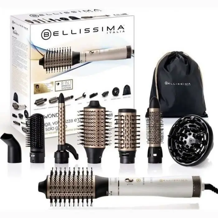 Bellissima Βούρτσα Soufflante Ionique Air Wonder - Θερμαινόμενη βούρτσα για brushing, κεραμικές βούρτσες, με επίστρωση κερατίνης - 2 θερμοκρασίες και κρύος αέρας - στεγνώνει, δίνει όγκο, 8 αξεσουάρ περιλαμβάνονται, 1000 W