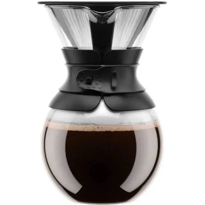 Bodum καφετιέρα με στόμιο pour over 963,9 g, βοριοπυριτικό γυαλί υψηλής αντοχής στη θερμότητα με επαναχρησιμοποιούμενο φίλτρο από ανοξείδωτο ατσάλι και μαύρη λαβή – Κατασκευασμένη στην Πορτογαλία