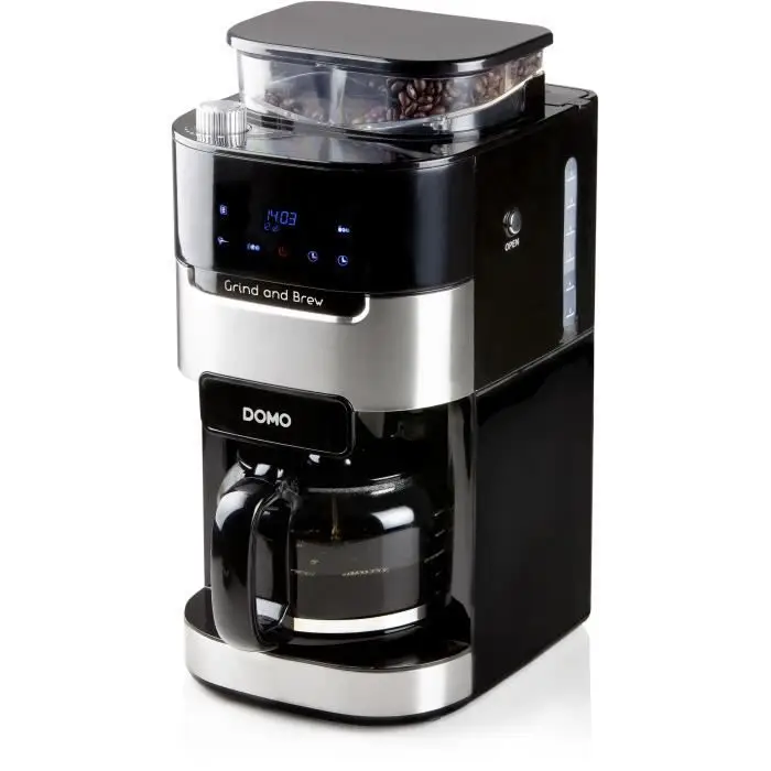 DOMO DO721K - καφετιέρα 1.5L - 12 φλιτζάνια - οθόνη LCD, πλήκτρα αφής - ενσωματωμένος μύλος καφέ - χρονοδιακόπτης - 3 εντάσεις