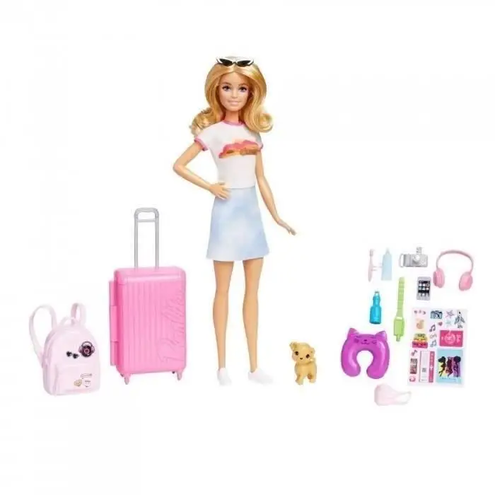 Barbie Σετ Ταξιδιού Malibu - με κουτάβι, ροζ βαλίτσα