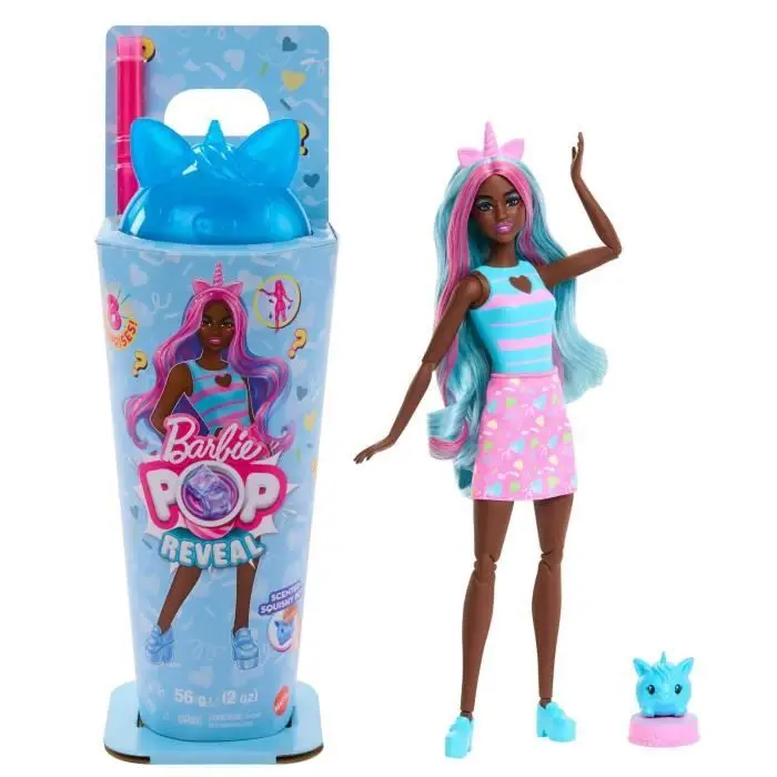Barbie Pop Reveal Shakes Κούκλα Μονόκερου - Αλλαγή Χρώματος στο Πρόσωπο, Μπλε Μωβ Μαλλιά