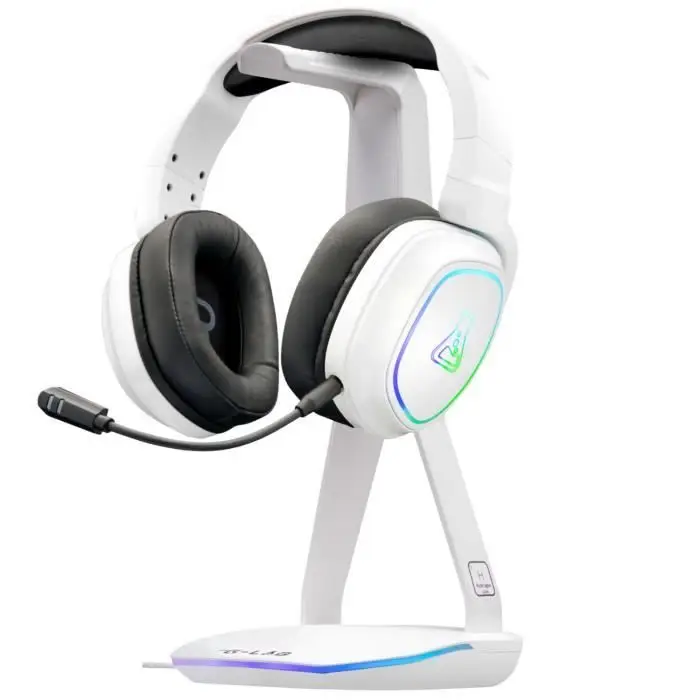 The G-Lab - K-Stand Hydrogen - βάση για ακουστικά gaming – RGB 7 χρωμάτων, κουμπί on/off, 2 x hub USB + USB-C, αντιολισθητική βάση – καθολική βάση για ακουστικά gaming PC/Ps5/Ps4/Xbox – λευκό - New