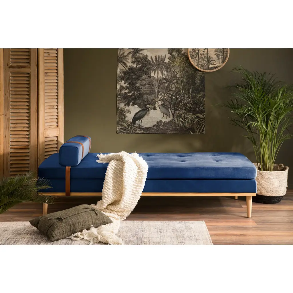 Μπλε Βελούδινο Daybed με Στήριξη Κεφαλιού και Αυχένα
