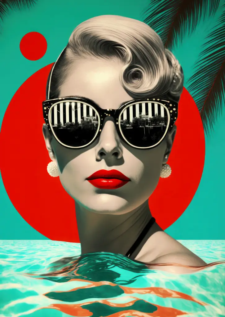 Αφίσα Summer Vibes - γυναίκα με κόκκινα χείλη που φοράει μοντέρνα γυαλιά ηλίου.