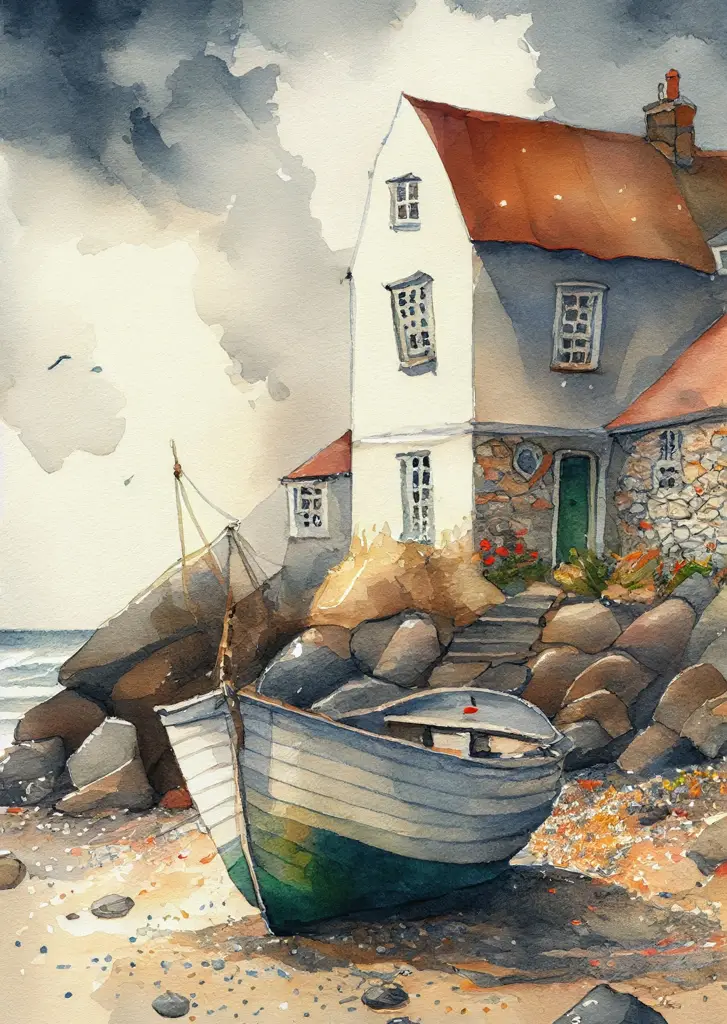 Αφίσα Wooden Boat On The Watercolor Coast Κορνίζα Ξύλινη Με Passe-Partout Χρώμα Natural